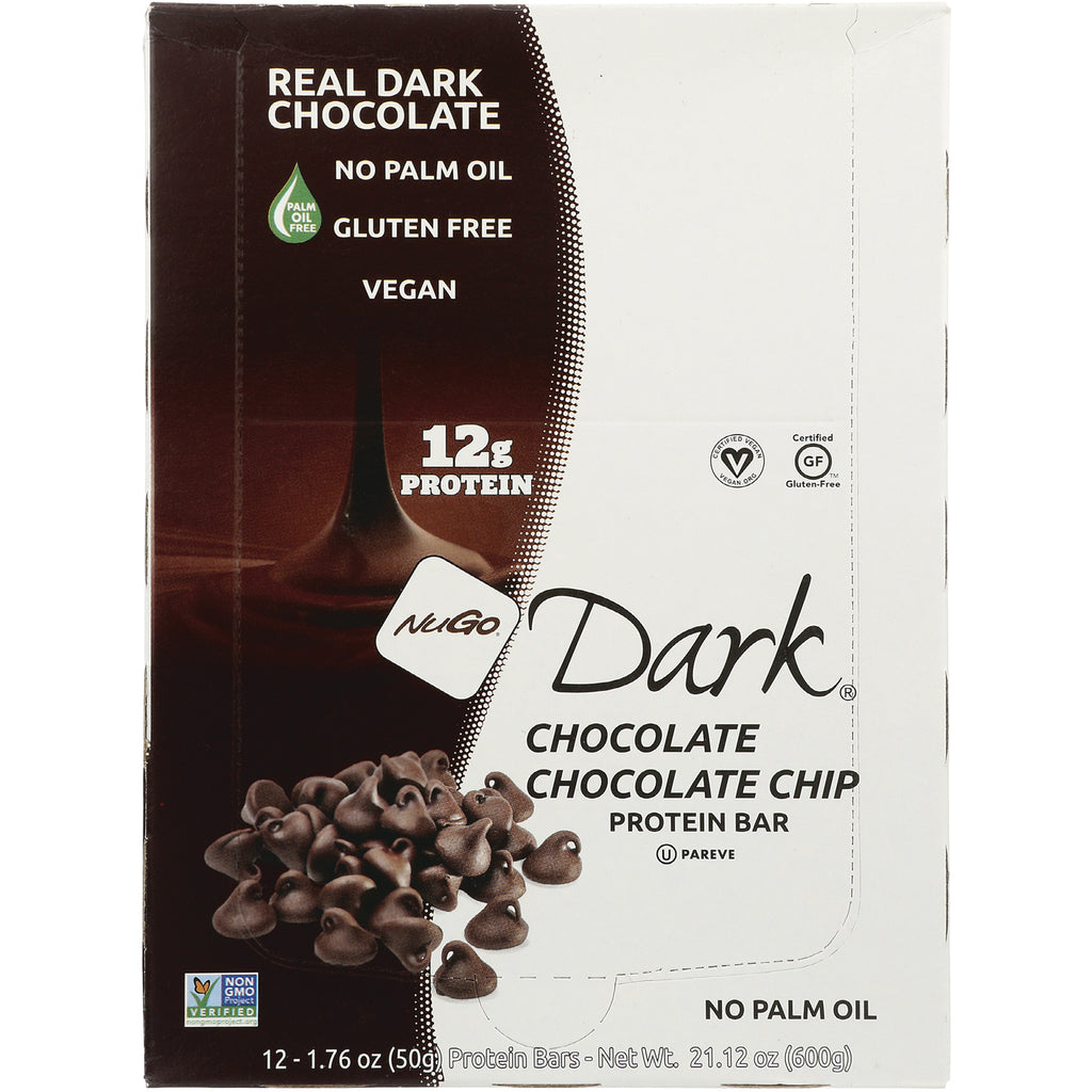 NUG002 | NuGo Dark chocolate chocolate chip protein bar box front showing 12g protein, vegan and gluten free - Thumbnail