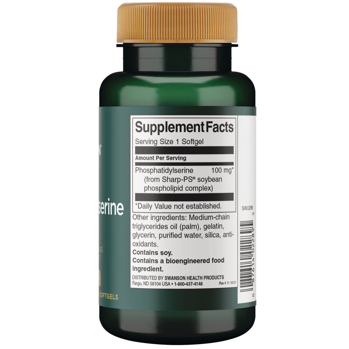 SWU289 | Back label Supplement Facts: Serving Size 1 softgel; Phosphatidylserine 100 mg; contains soy