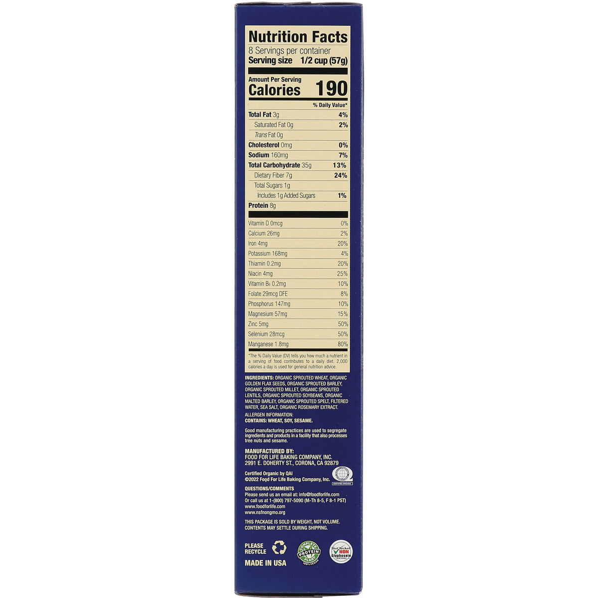 FFL003 | back panel showing Nutrition Facts and ingredient text on blue cereal box