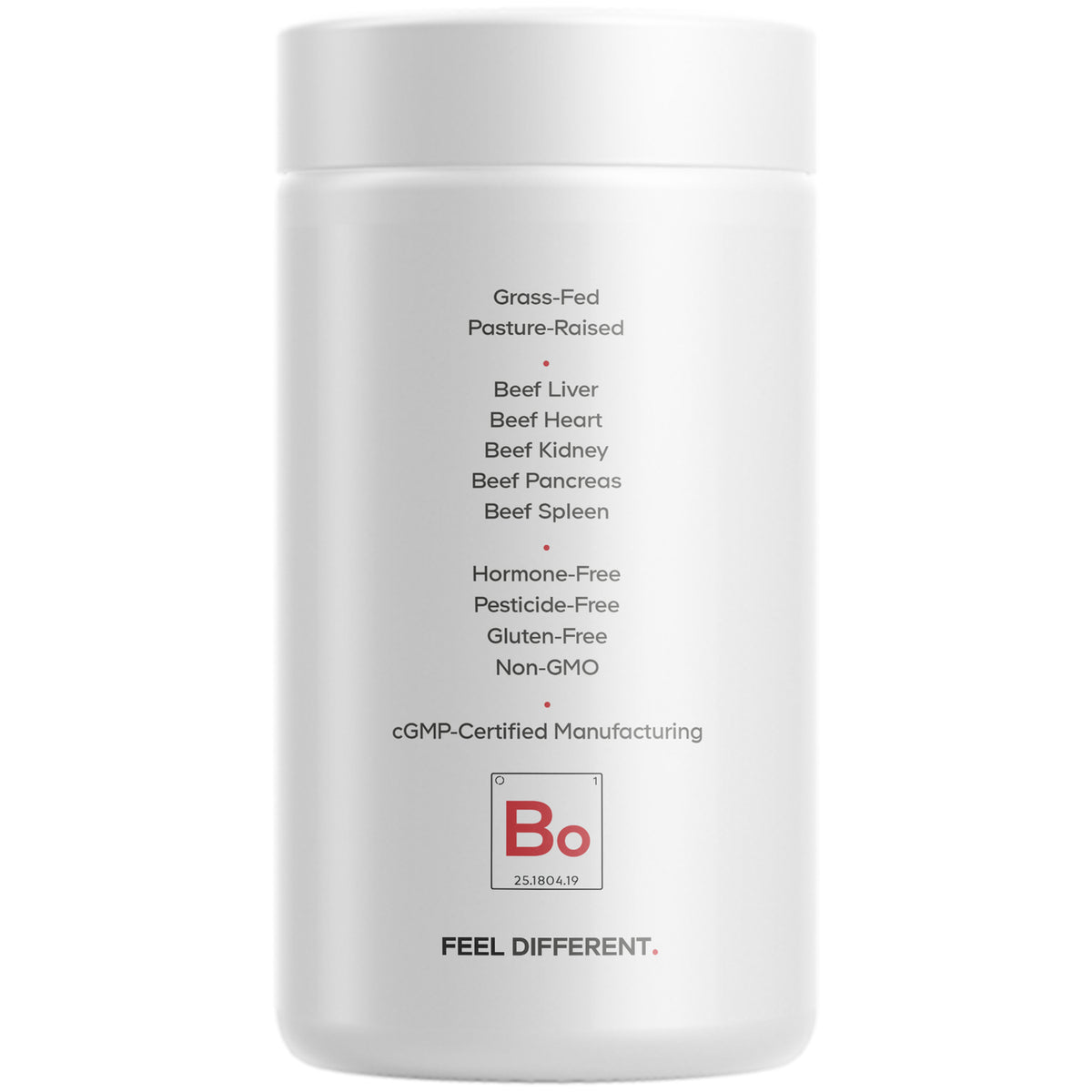 CDG024 | back label of white supplement bottle listing grass-fed pasture-raised beef liver heart kidney pancreas spleen and certifications