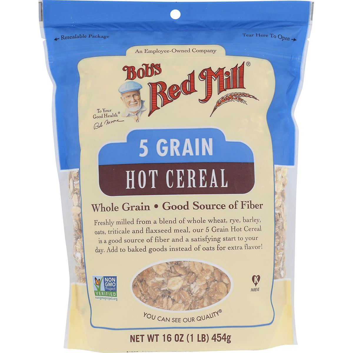 BOB423 | Bob's Red Mill 5 Grain Hot Cereal front pouch with cereal visible through window
