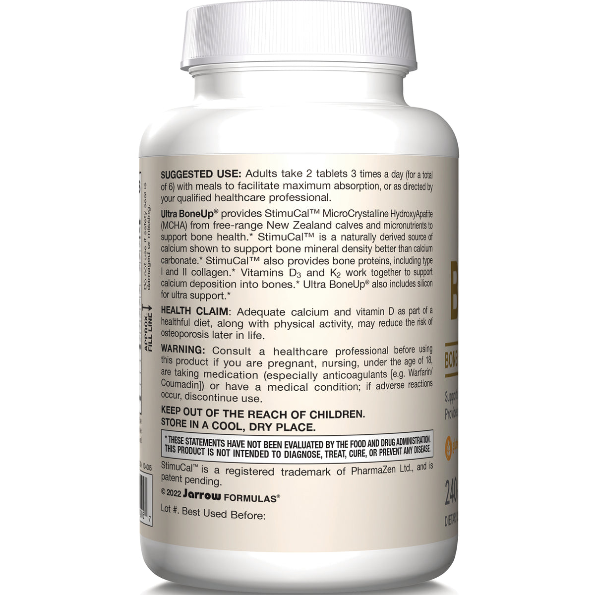 JR293 | Back label of white supplement bottle showing suggested use, warnings, and storage instructions