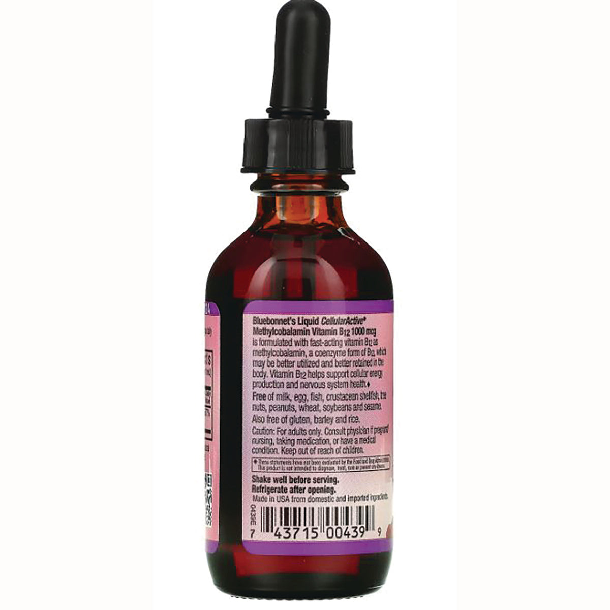 BLU094 | Back label of amber dropper bottle showing ingredient and usage text and barcode
