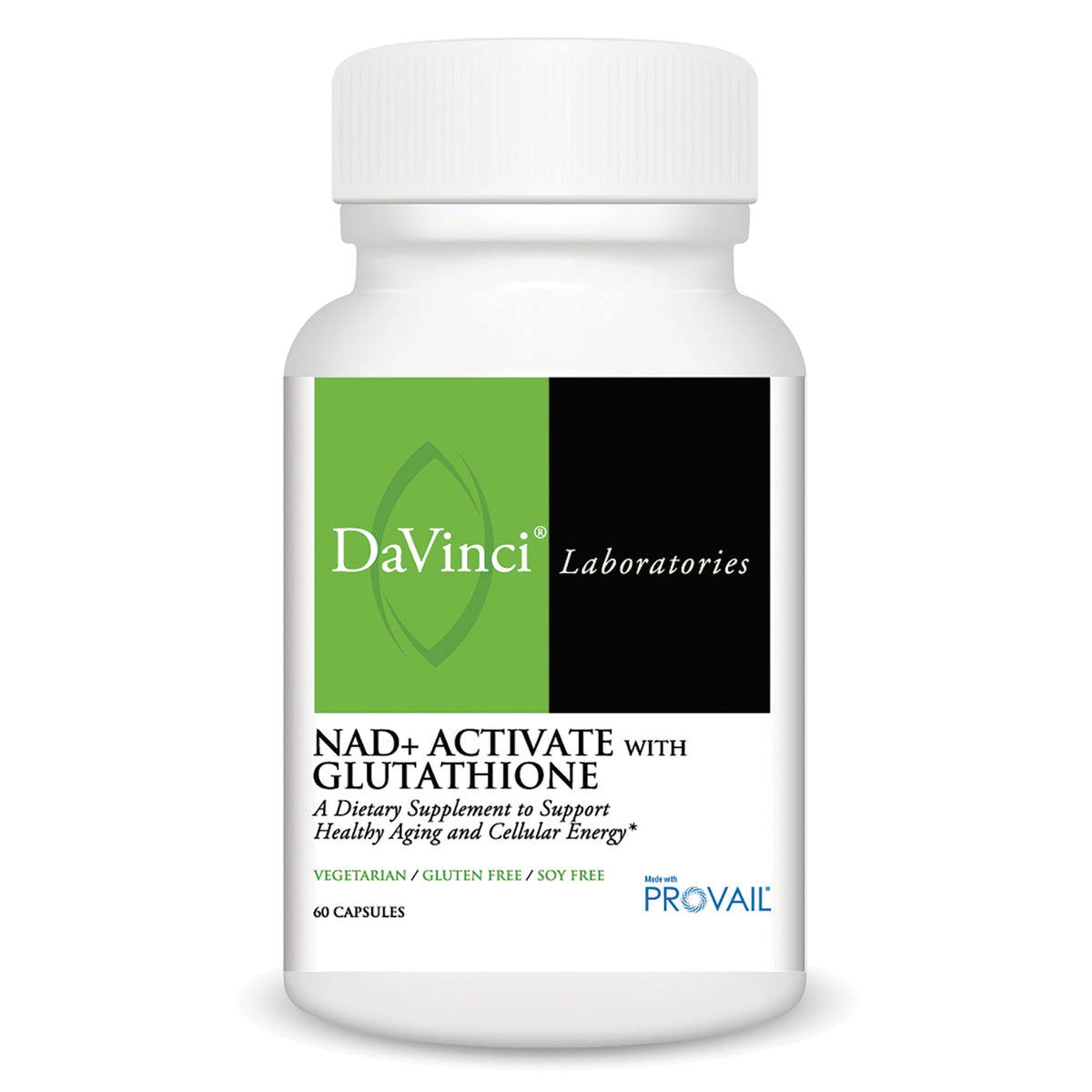 DVL170 | White supplement bottle labeled DaVinci Laboratories NAD+ ACTIVATE WITH GLUTATHIONE, 60 capsules