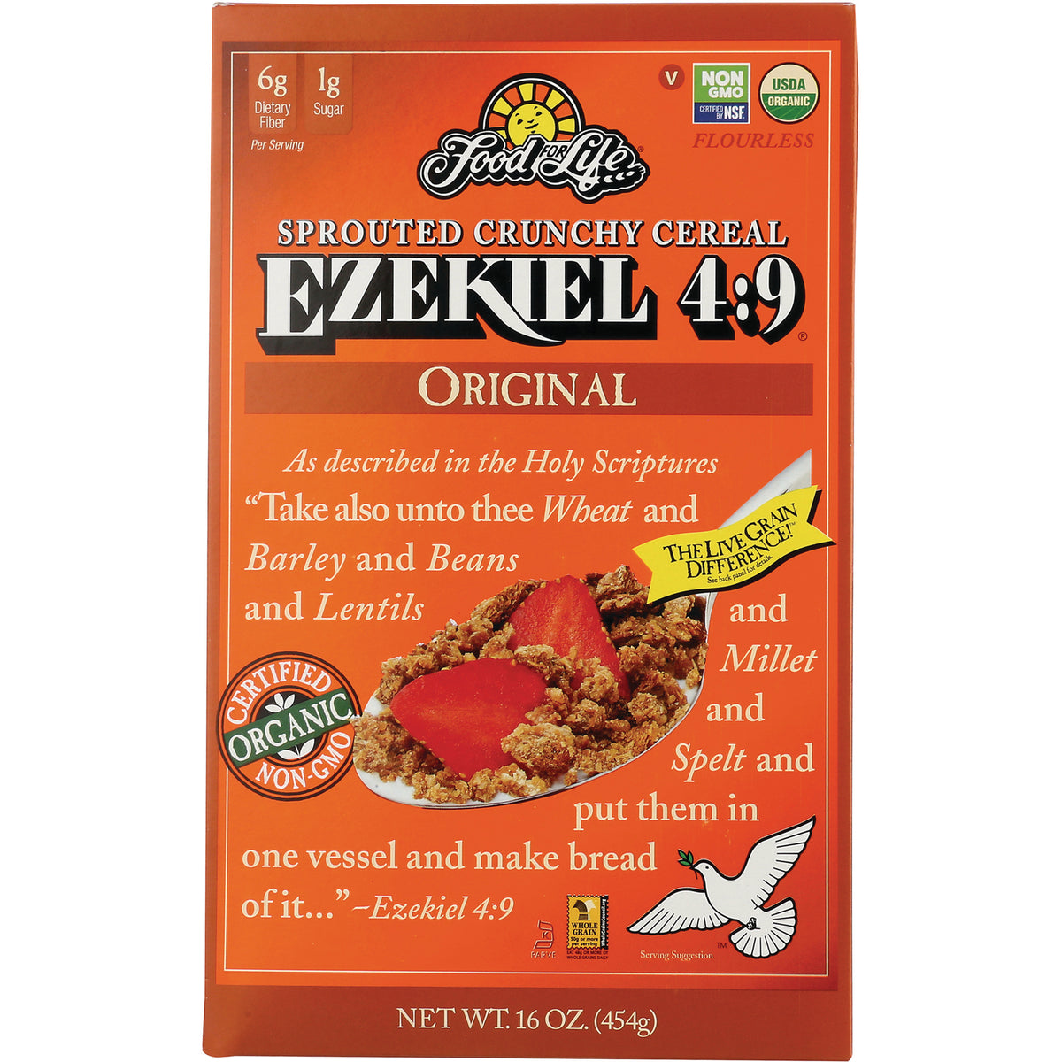 FFL004 | Food for Life Ezekiel 4:9 Original sprouted crunchy cereal box with bowl of cereal and strawberries