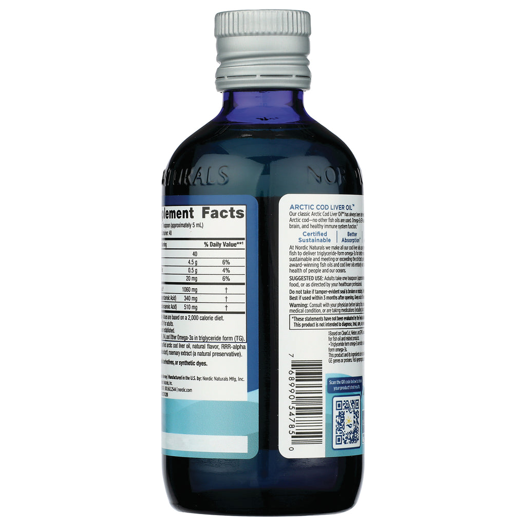 NRN073 | Back of dark blue bottle showing Supplement Facts panel, Arctic Cod Liver Oil label, barcode and QR code - Thumbnail