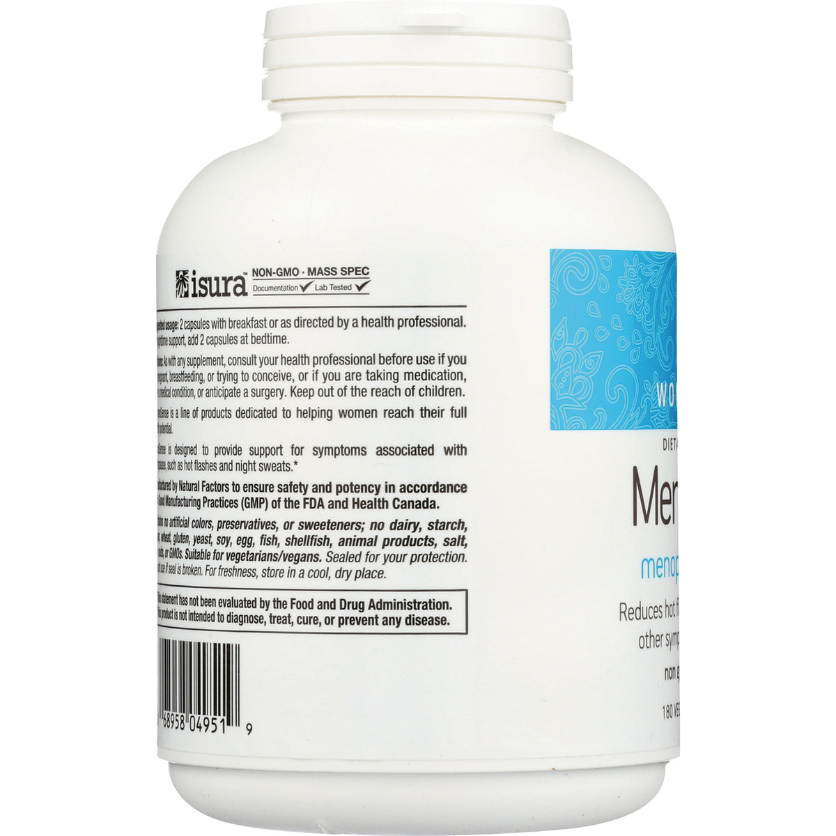 NFC112 | back label of white supplement bottle showing directions, ingredient text and barcode