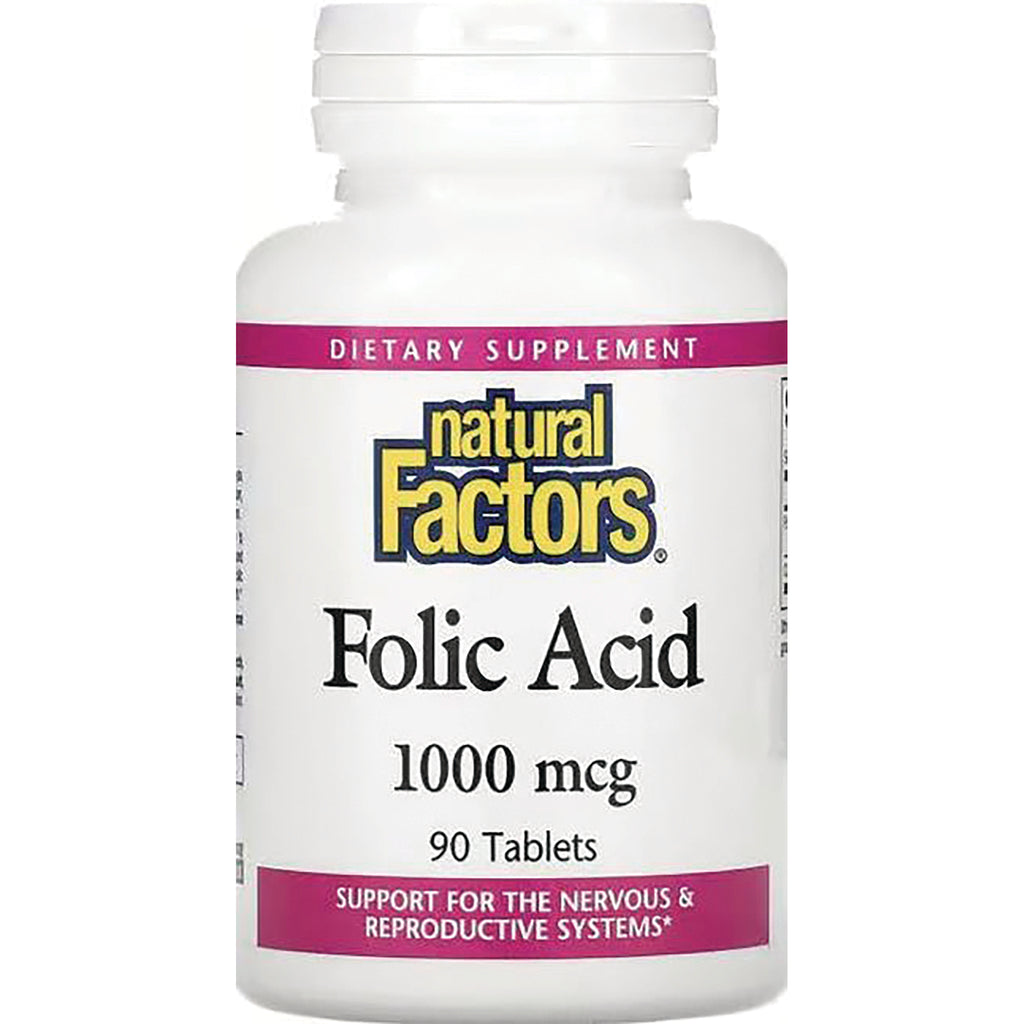 NFC003 | Natural Factors Folic Acid 1000 mcg bottle front label showing 90 Tablets dietary supplement - Thumbnail