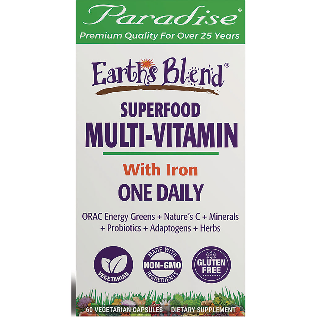 PRH011 | Earth's Blend Superfood Multi-Vitamin with Iron box front, One Daily, vegetarian non-GMO gluten free - Thumbnail