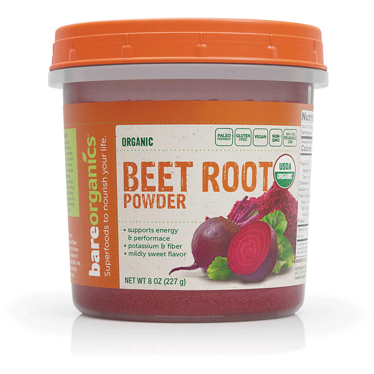 BOR002 | 8 oz jar of BareOrganics organic beet root powder with label showing beets and USDA Organic badge
