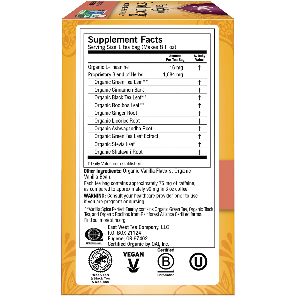 AHW053 | Back panel showing Supplement Facts, ingredient list and certification logos including Vegan and B Corporation