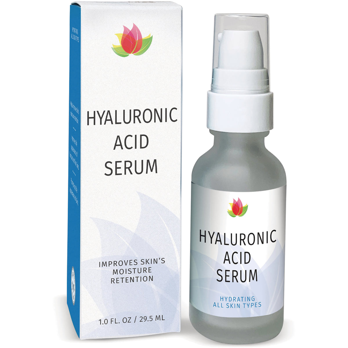 RV028 | HYALURONIC ACID SERUM pump bottle and matching box showing front label and 1.0 fl oz size, hydrating for all skin types