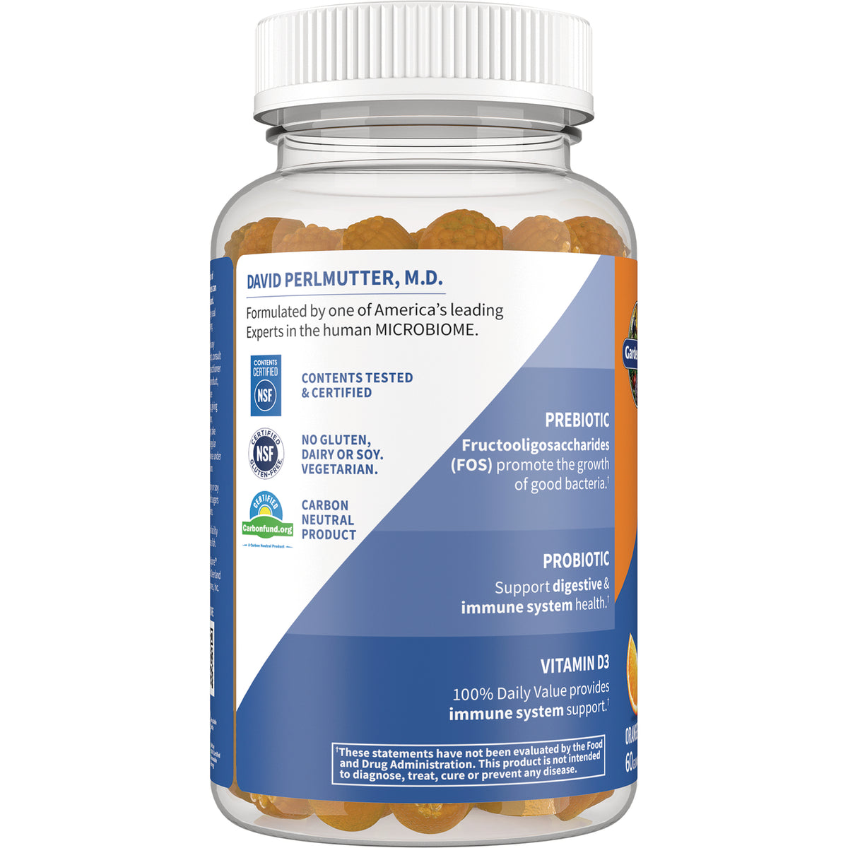 GLF367 | Back label of clear bottle with orange gummies, text DAVID PERLMUTTER, M.D., prebiotic, probiotic, vitamin D3 and certification icons