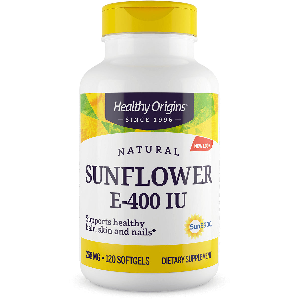 Healthy Origins SUNFLOWER E-400 IU softgel bottle with yellow cap, 120 softgels dietary supplement