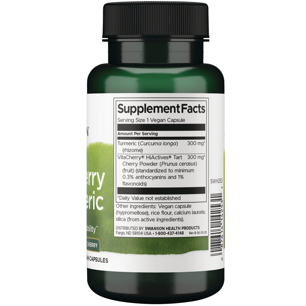SWH253 | Supplement Facts panel showing serving size 1 vegan capsule, turmeric 300 mg, tart cherry powder 300 mg