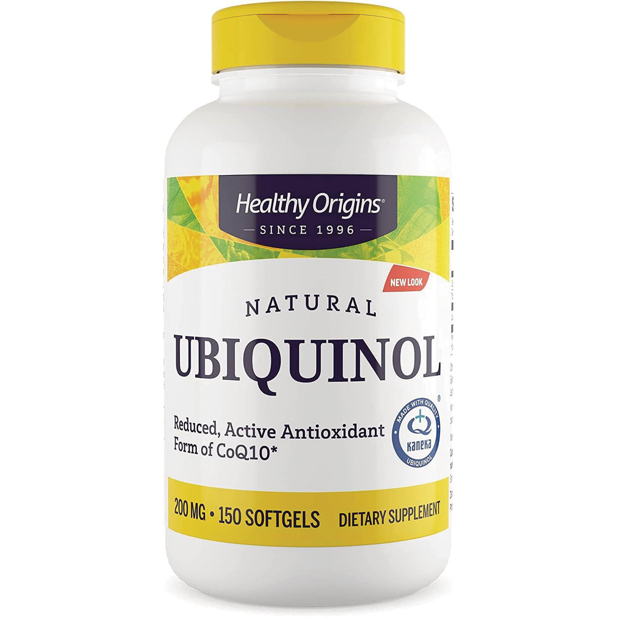 HRG082 | Healthy Origins Natural Ubiquinol 200 mg 150 softgels dietary supplement bottle with yellow cap