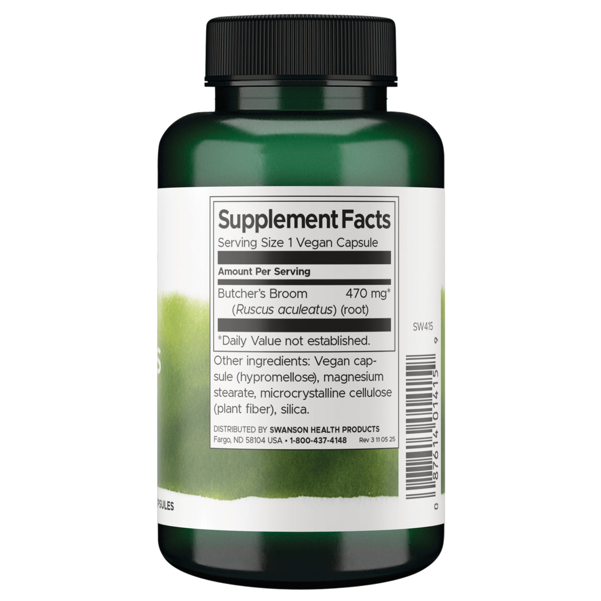 SW415 | Back label Supplement Facts: Serving Size 1 vegan capsule; Butcherâ€™s Broom 470 mg