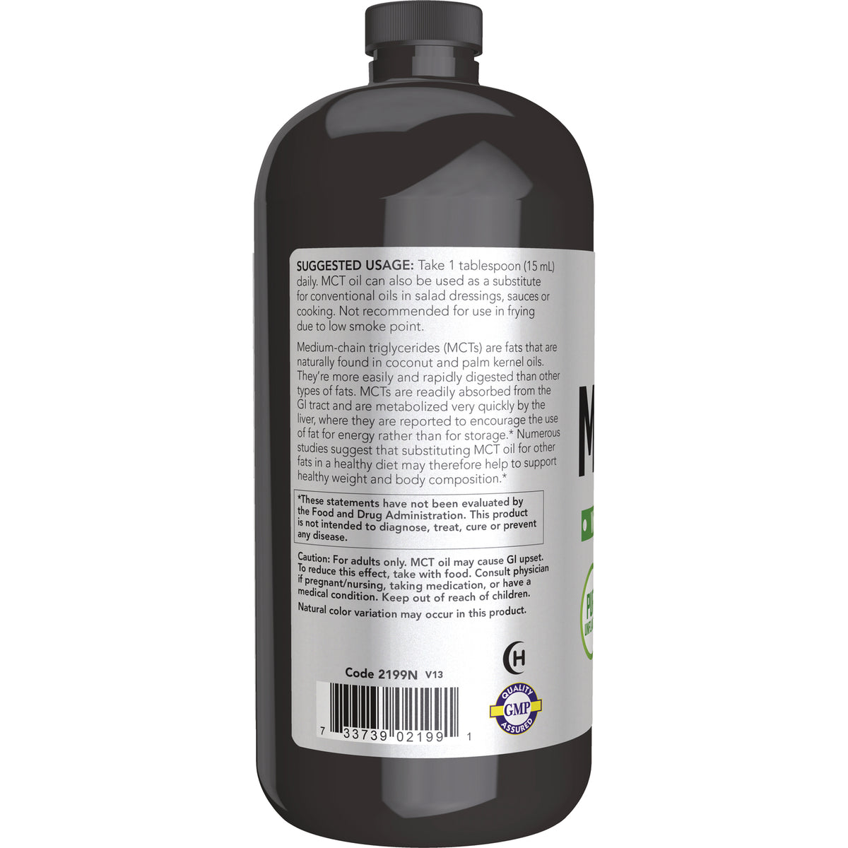 NWF331 | Back label showing suggested usage, caution text and barcode on dark bottle