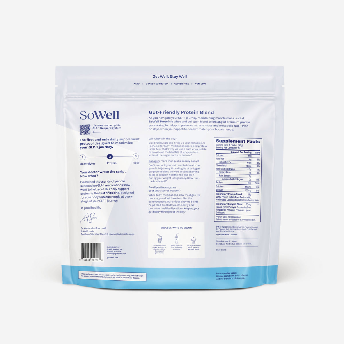SOW002 | Back of SoWell Gut-Friendly Protein Blend pouch showing Supplement Facts and directions
