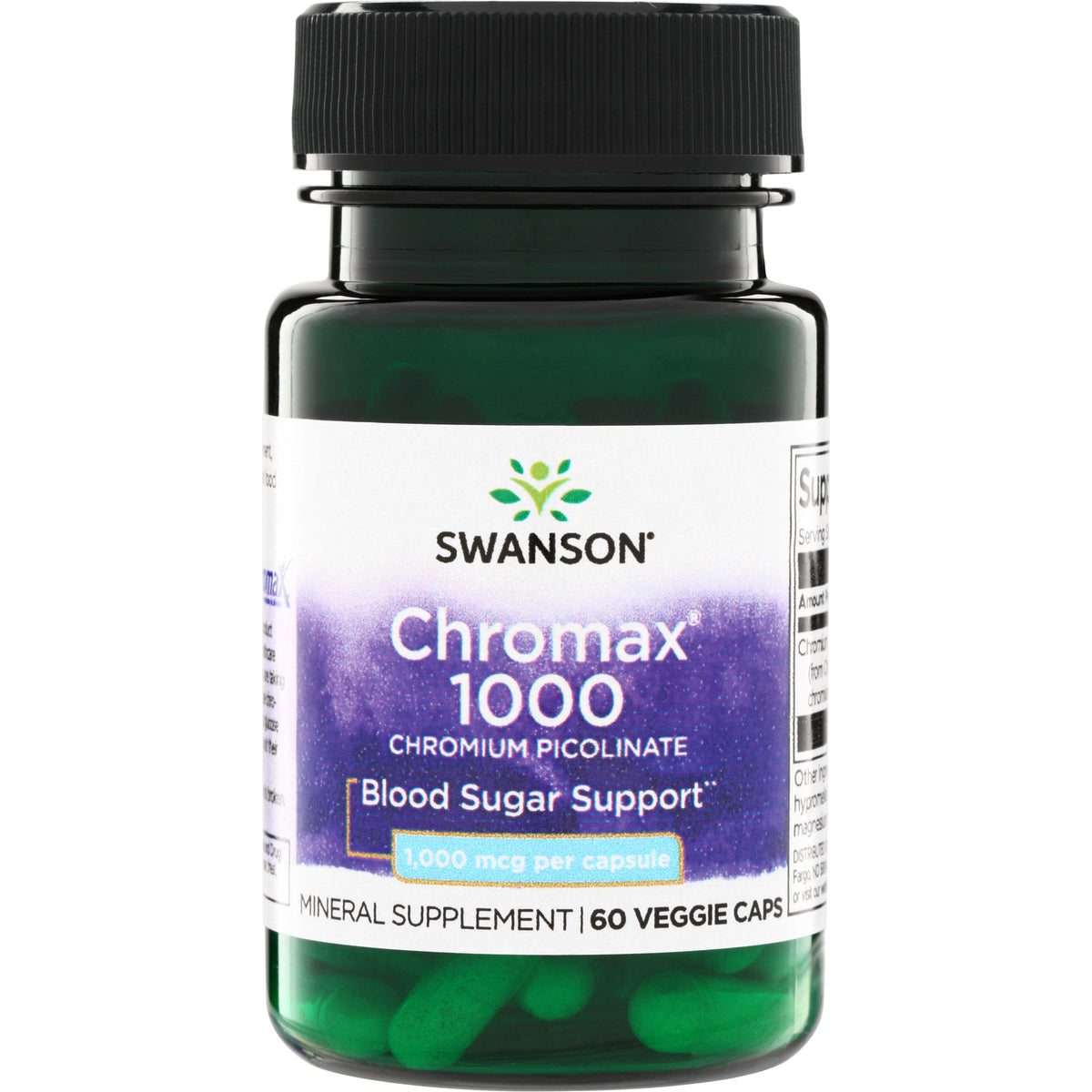 SWD083 | Swanson Chromax 1000 Chromium Picolinate bottle, Blood Sugar Support, 1,000 mcg per capsule, 60 veggie caps