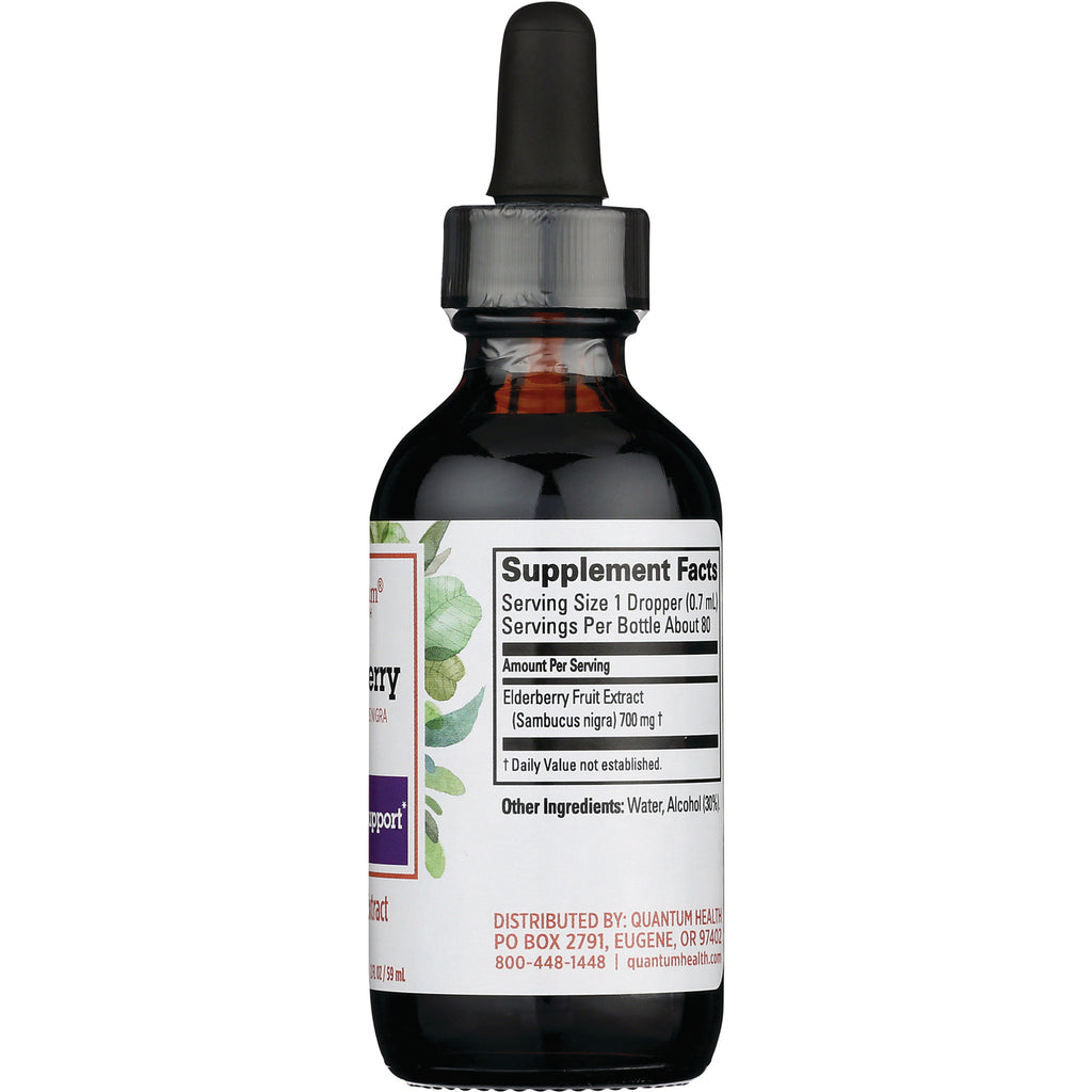 QU048 | Back of brown dropper bottle showing Supplement Facts label and ingredients including Elderberry Fruit Extract - Thumbnail