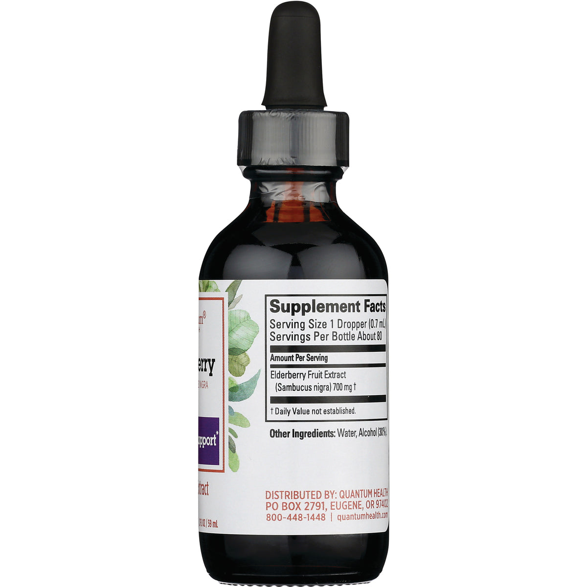 QU048 | Back of brown dropper bottle showing Supplement Facts label and ingredients including Elderberry Fruit Extract