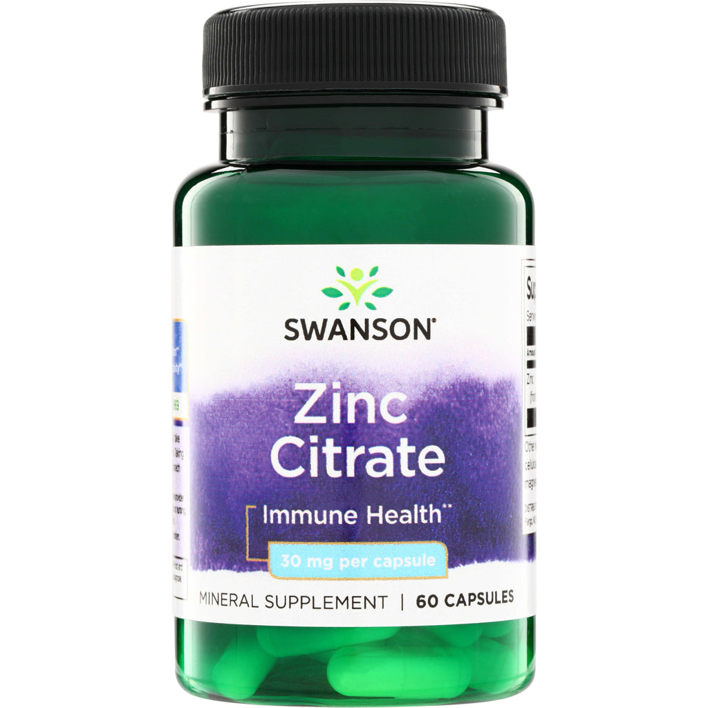SW1234 | Swanson Zinc Citrate bottle front, Immune Health, 30 mg per capsule, mineral supplement, 60 capsules - Thumbnail