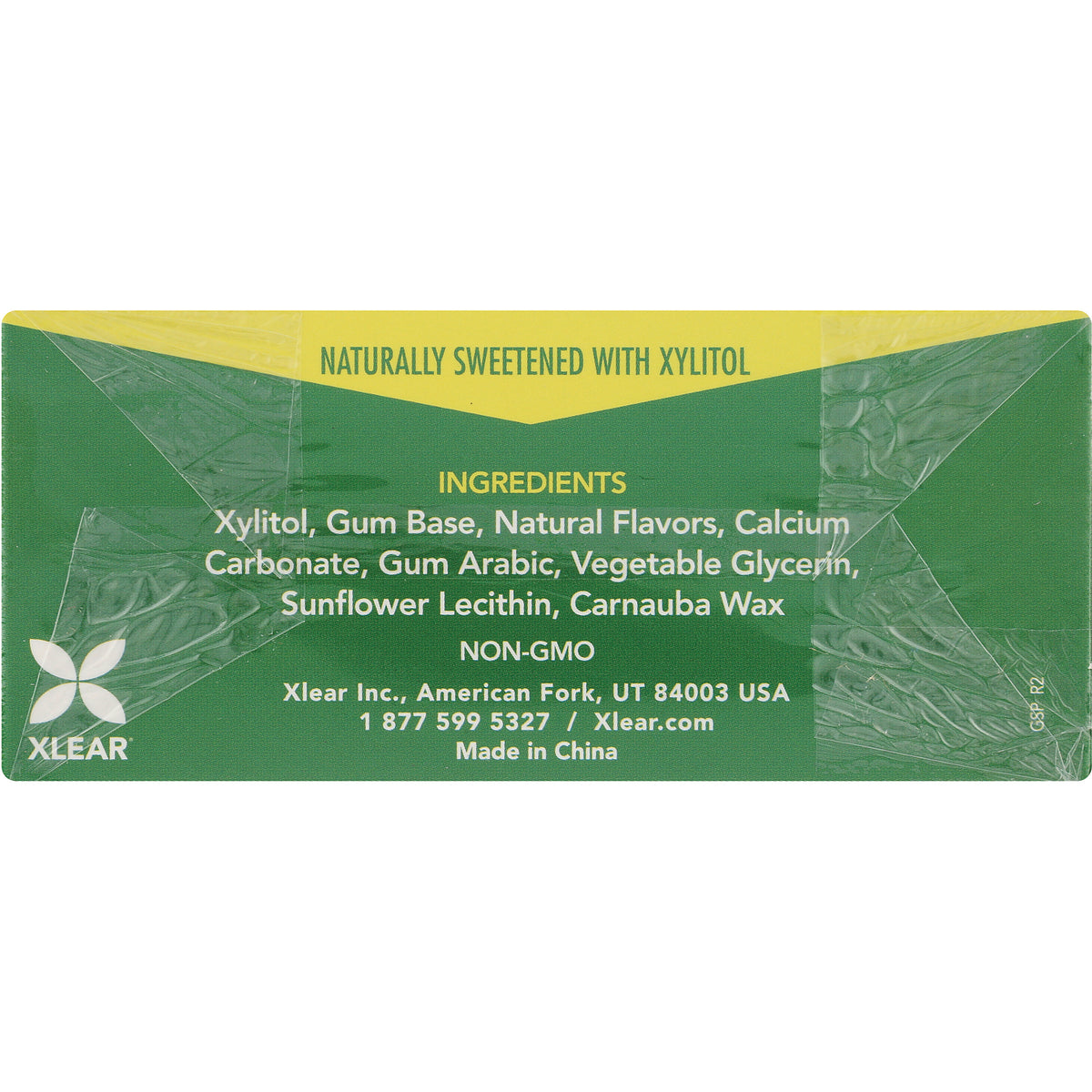 XL018 | Back of Xlear gum wrapper with ingredients and 'Naturally Sweetened with Xylitol'