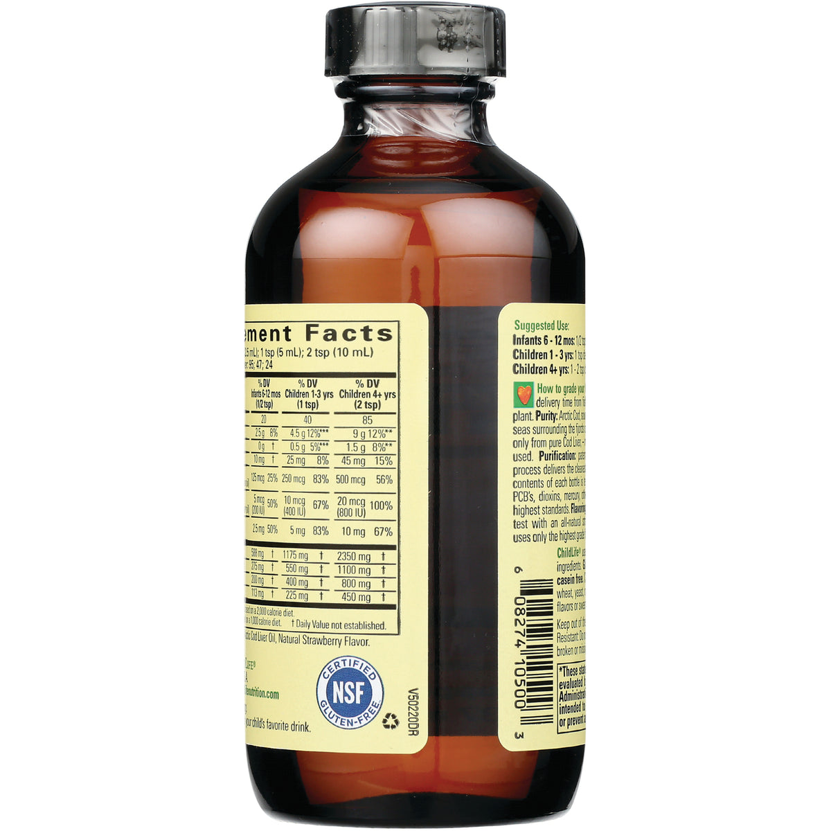 CHL003 | back label of brown supplement bottle showing supplement facts, directions and barcode