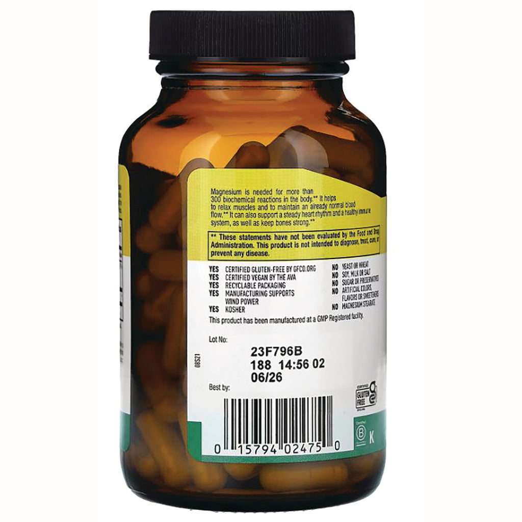 CRL445 | Back of amber supplement bottle showing ingredients and certifications label, barcode, lot and best by 06/26, capsules inside - Thumbnail