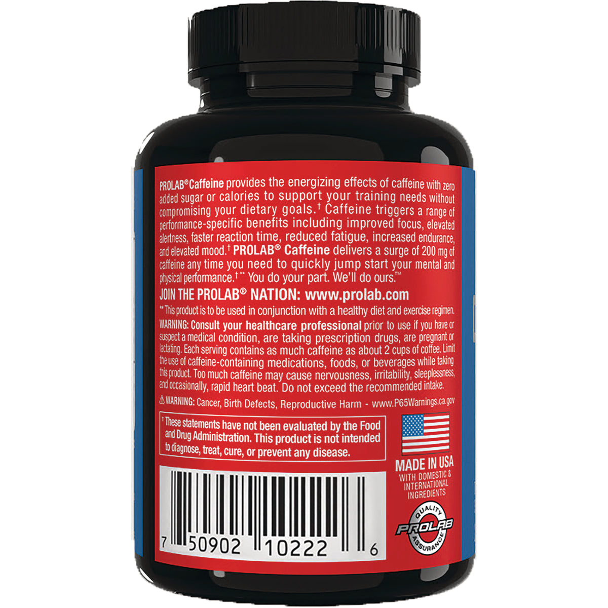 PRL027 | Back label of black supplement bottle with red panel showing warnings, text block and barcode