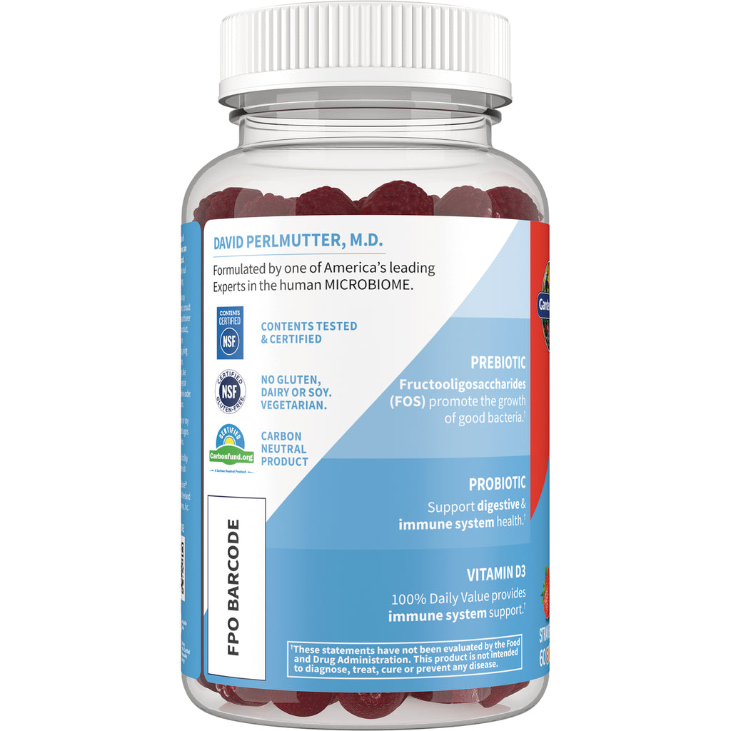GLF368 | Back label of clear bottle showing prebiotic and probiotic claims, vitamin D3 info, certification icons and FPO barcode - Thumbnail