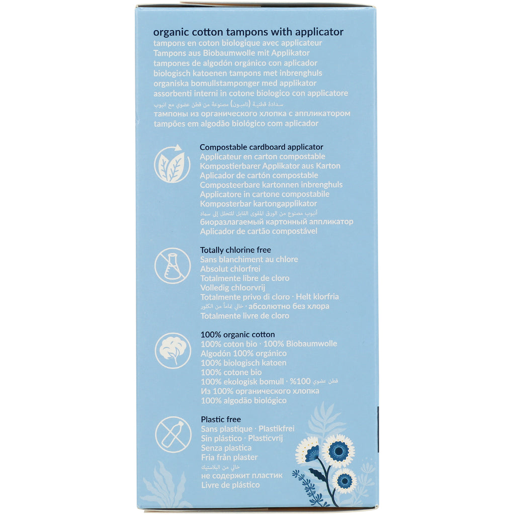 NCR005 | blue product infographic showing compostable cardboard applicator, totally chlorine free, 100% organic cotton and plastic free - Thumbnail