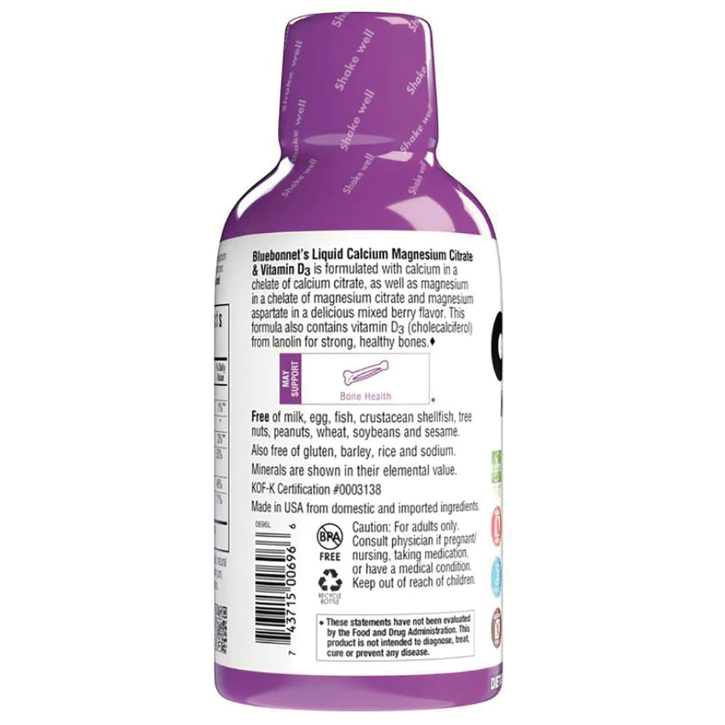 BLU091 | Back label of purple liquid calcium magnesium citrate with ingredient and caution text - Thumbnail
