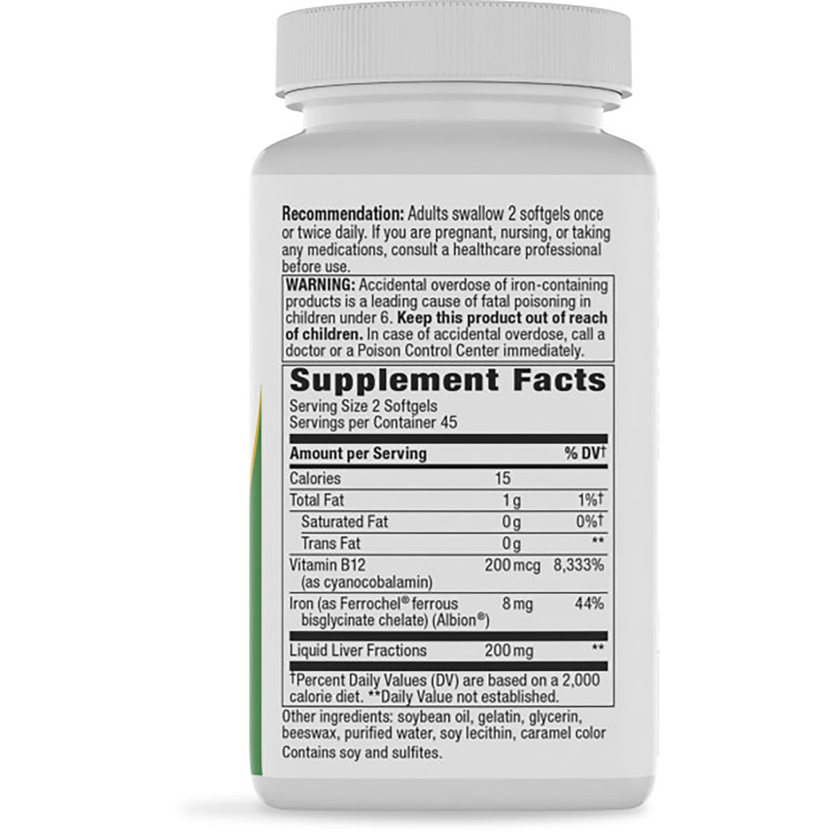 ET130 | Supplement Facts panel and ingredients on back of brown supplement bottle with green cap