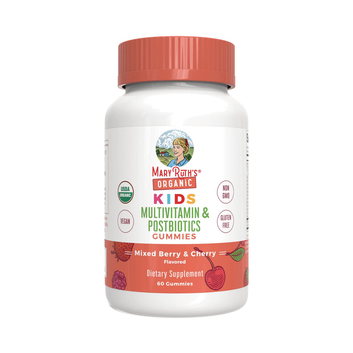 MRR044 | MaryRuth's Organic Kids multivitamin & postbiotics gummies bottle, mixed berry & cherry, 60 gummies