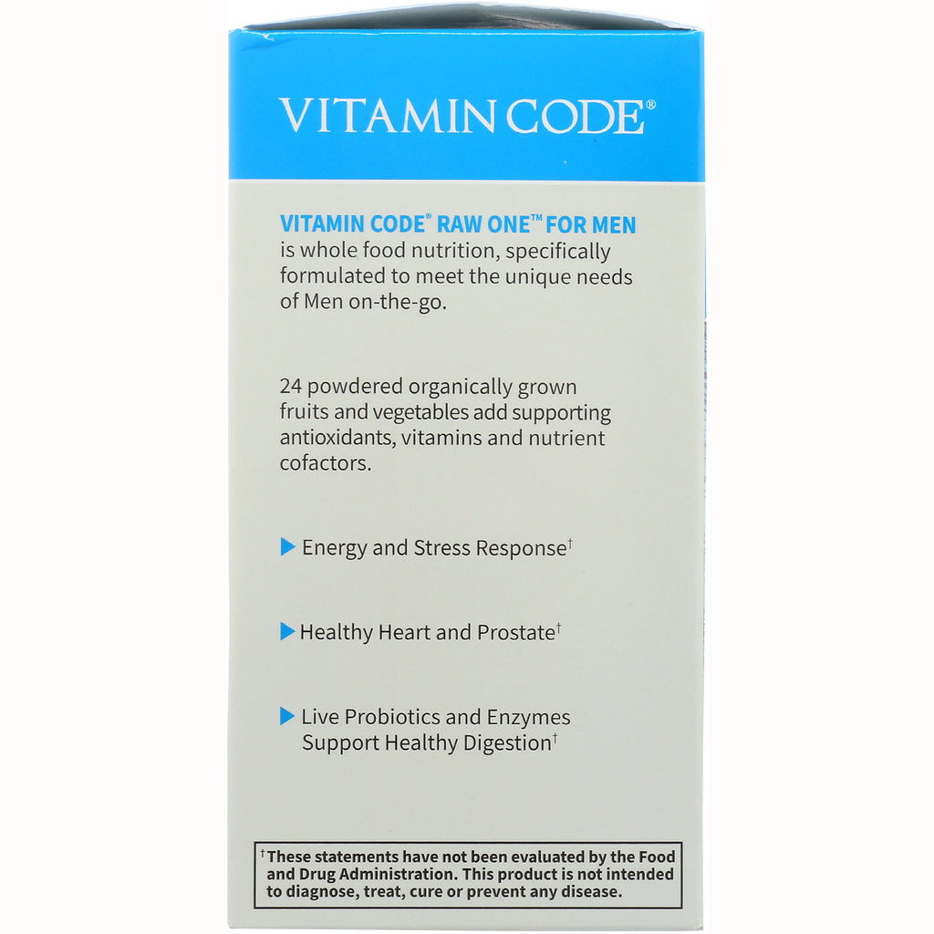 GLF051 | Vitamin Code Raw One for Men infographic listing benefits: energy and stress response; healthy heart and prostate; probiotics support digestion - Thumbnail