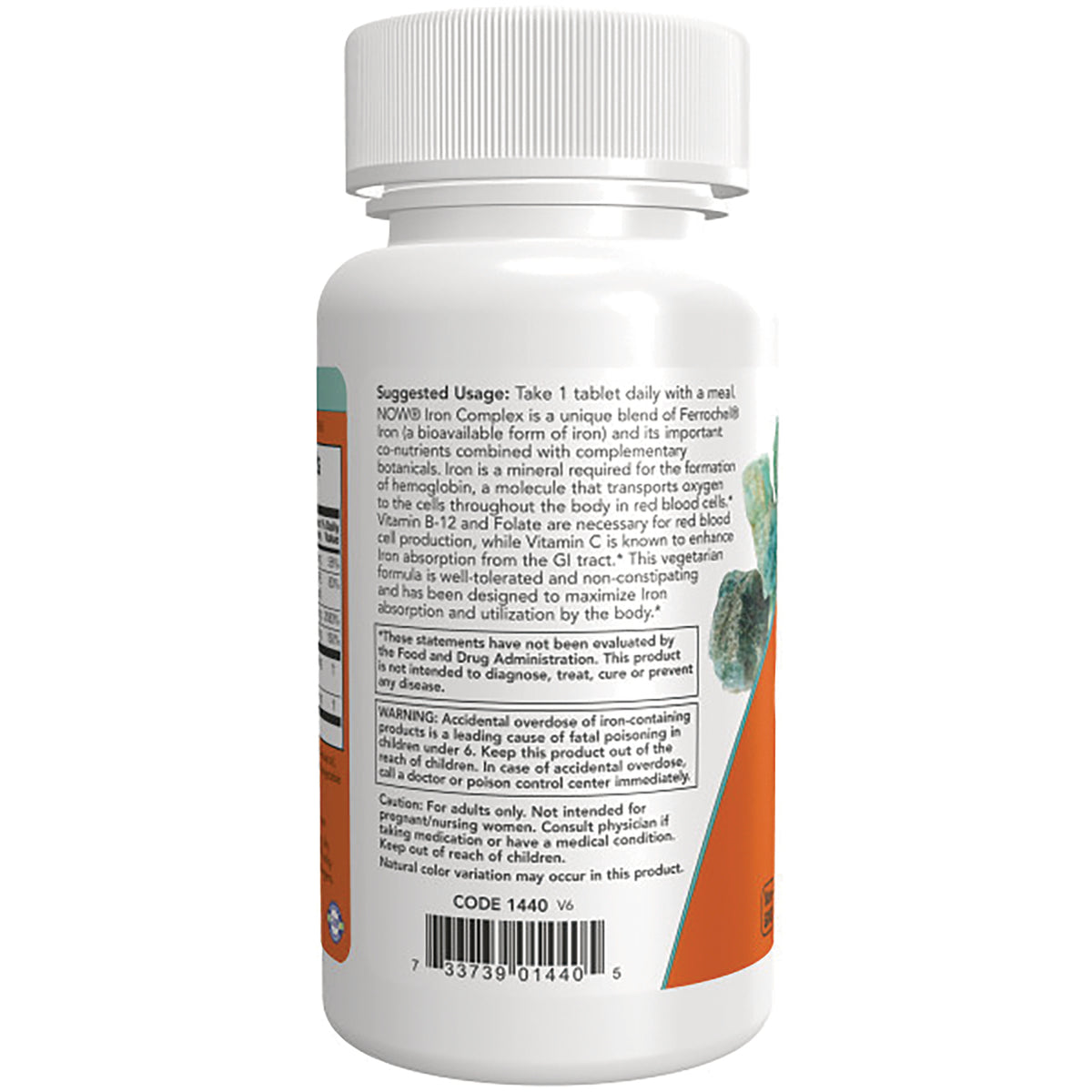 NWF757 | Back label of white supplement bottle showing usage instructions, warnings, and barcode
