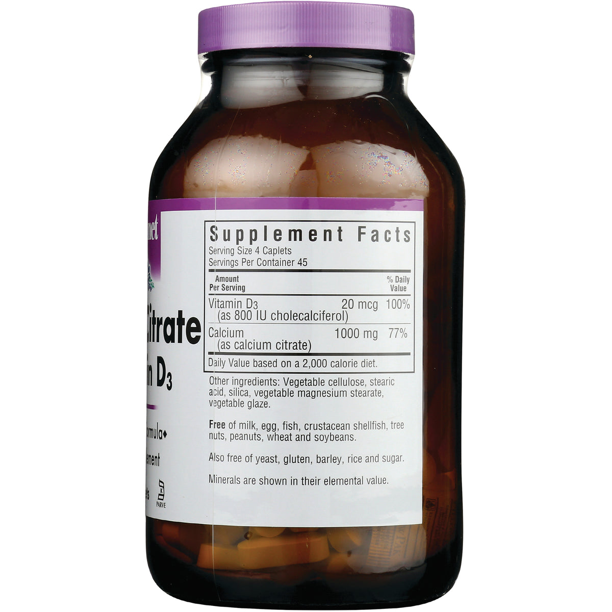 BLU061 | Back of brown supplement bottle showing Supplement Facts panel listing Vitamin D3 20 mcg, Calcium 1000 mg and ingredient and allergen statements