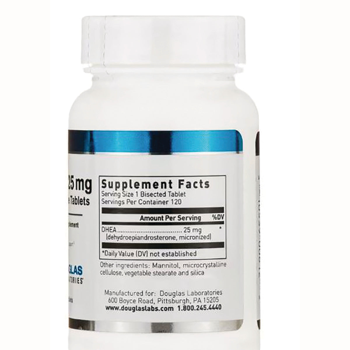 DGL044 | Back label showing Supplement Facts and ingredient list for DHEA 25 mg on white supplement bottle