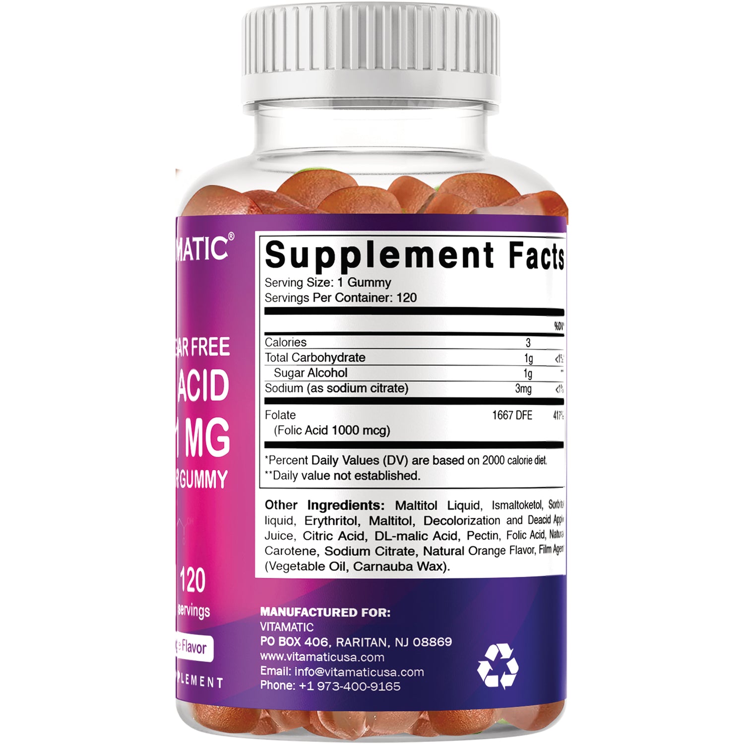VAM019 | Supplement bottle back showing Supplement Facts and ingredients; Serving Size 1 gummy, 120 servings