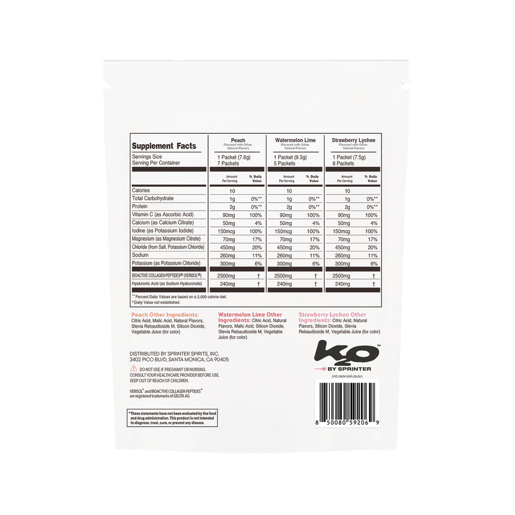 KTO004 | Supplement facts panel for KO by Sprinter collagen drink mix, Peach, Watermelon Lime, and Strawberry Lychee - Thumbnail