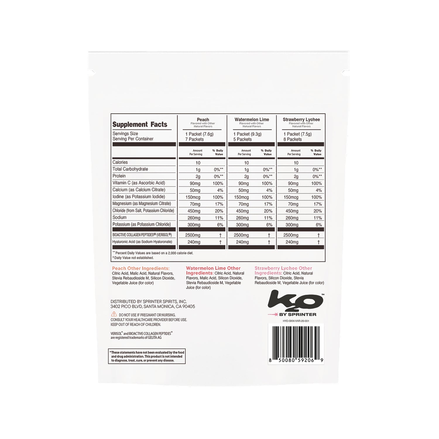 KTO004 | Supplement facts panel for KO by Sprinter collagen drink mix, Peach, Watermelon Lime, and Strawberry Lychee