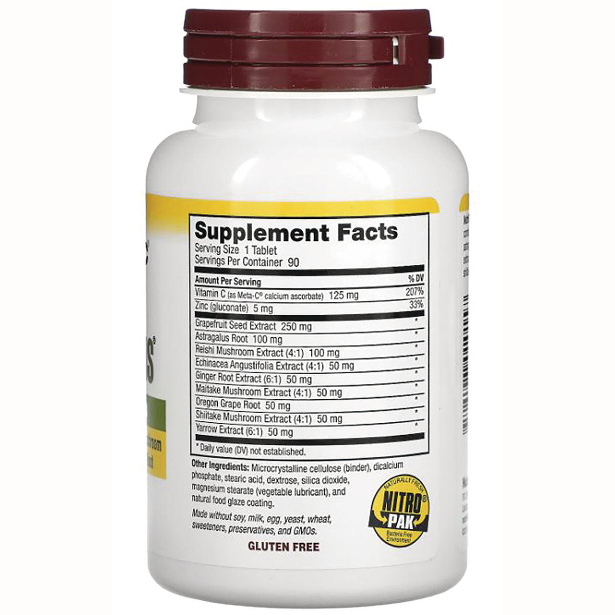 NUB001 | back label showing Supplement Facts panel, ingredient list, GLUTEN FREE statement and NITRO PAK logo on white bottle