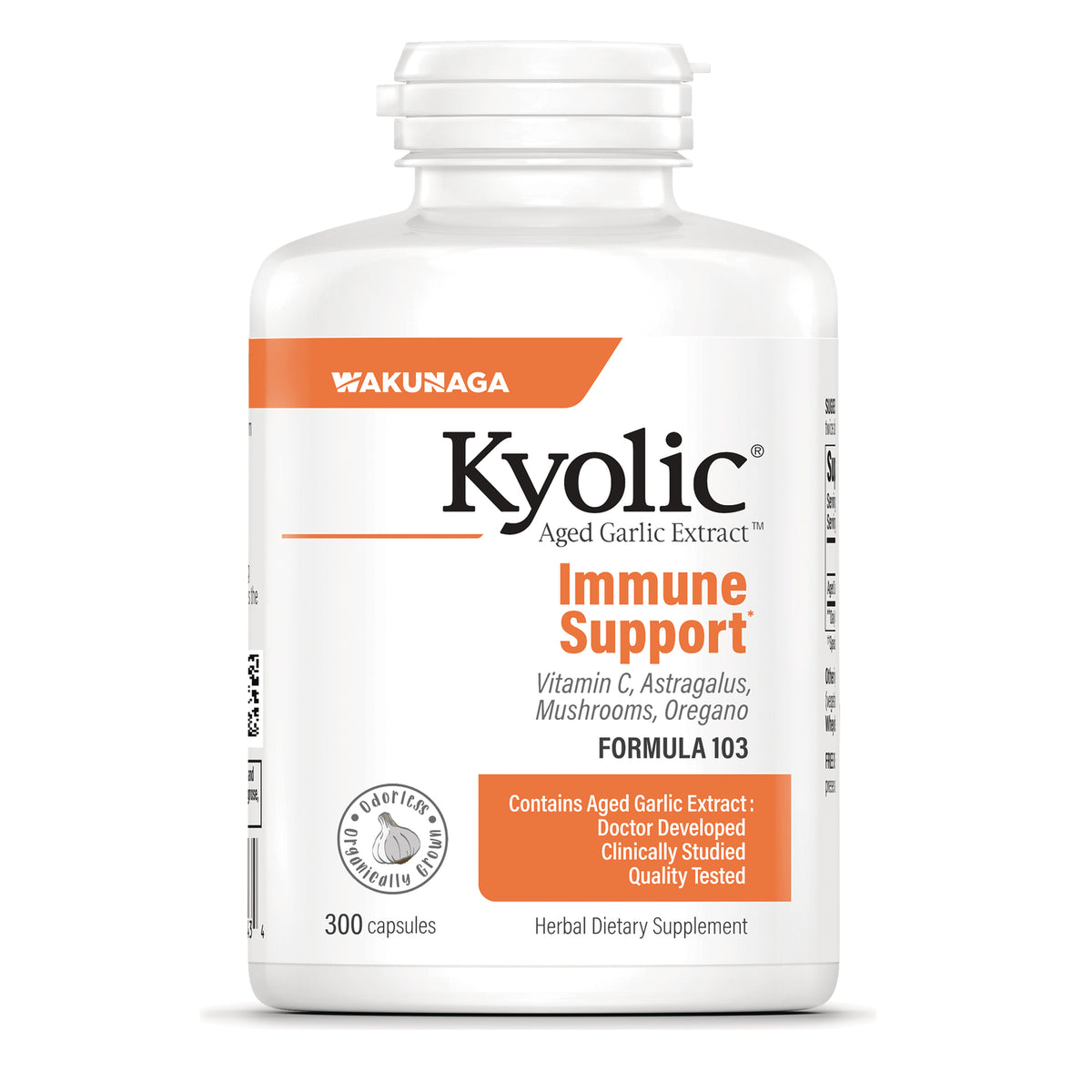 KY148 | Kyolic Immune Support aged garlic extract bottle with white label, 300 capsules, Formula 103