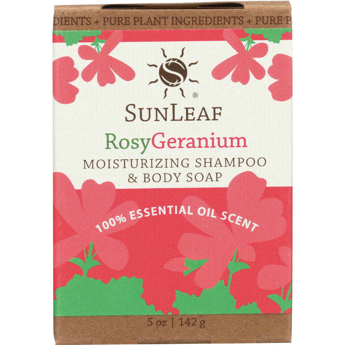 SLN007 | SunLeaf Rosy Geranium moisturizing shampoo and body soap box with pink floral design, 5 oz