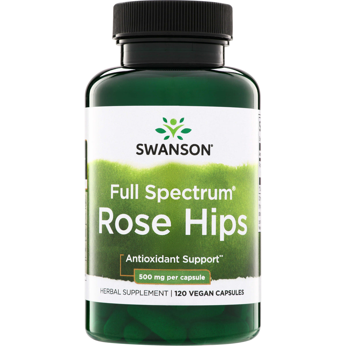 SW1059 | Swanson Full Spectrum Rose Hips supplement bottle, Antioxidant Support, 500 mg per capsule, 120 vegan capsules
