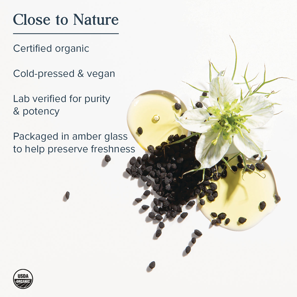 HTG108 | Product infographic with Close to Nature benefits list, black seeds, oil droplets and a white flower