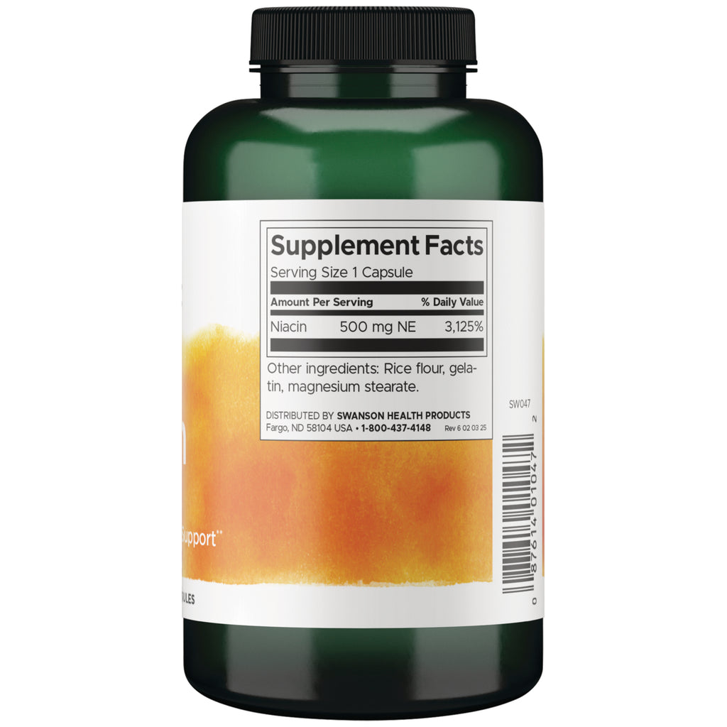 SW047 | Back label with Supplement Facts: Serving Size 1 Capsule; Niacin 500 mg NE, 3,125% DV - Thumbnail
