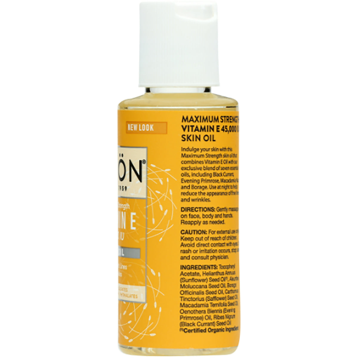 JC103 | Back label of yellow vitamin E skin oil bottle showing ingredients, directions, and caution text